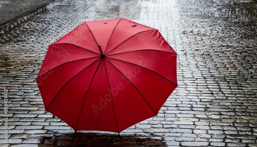 A lone red umbrella stands open on a wet cobblestone street. The umbrella provides a splash of color against the muted grey background.
