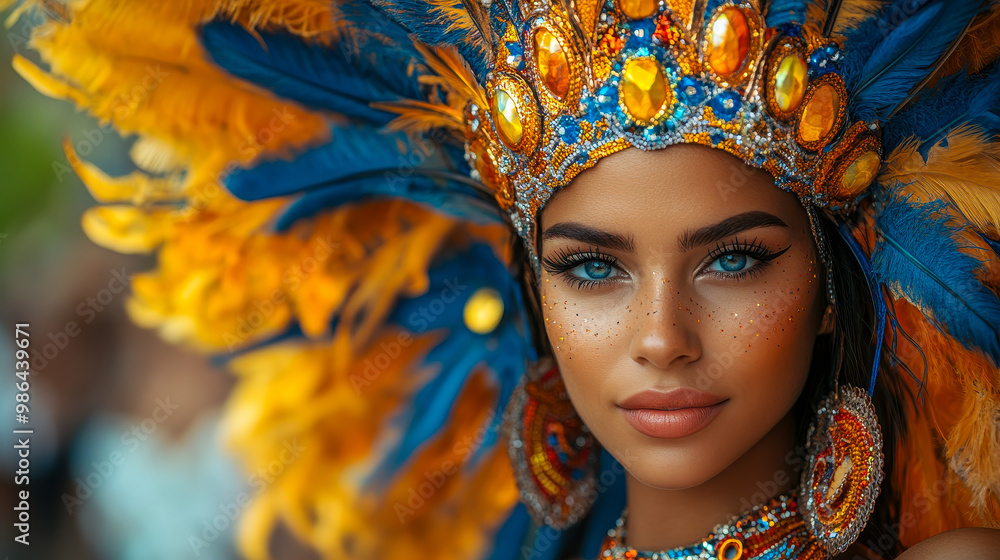 Vibrant Carnival Party Dancer in Extravagant Costume with Feathered Headdress and Jewels, Exuding Joy and Festivity in a Dark Background Setting Vibrant Carnival Party Dancer in Extravagant Costume with Feathered Headdress and Jewels, Exuding Joy and Festivity in a Dark Background Setting