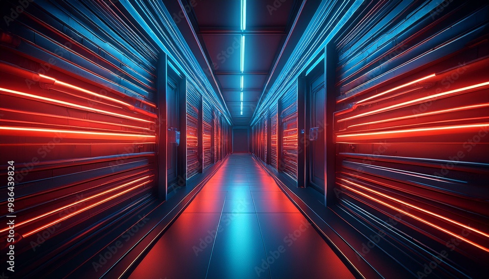 A long, narrow corridor illuminated by red and blue neon lights. The walls are metallic and there are doors on either side. A long, narrow corridor illuminated by red and blue neon lights. The walls are metallic and there are doors on either side.