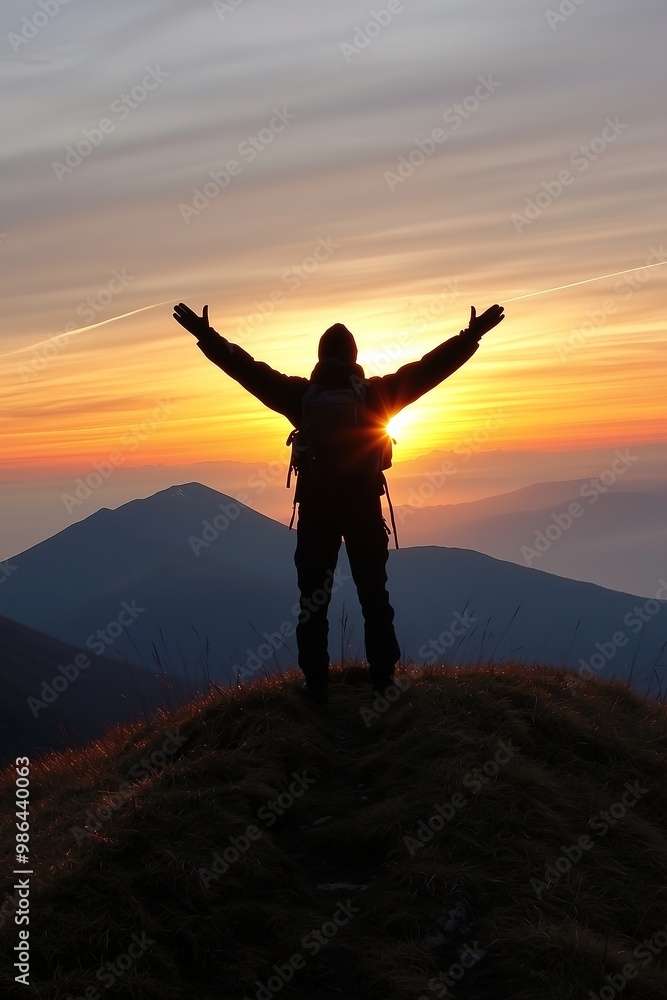 Silhouette of a person standing on a hill, arms outstretched, against a sunset backdrop in the mountains. Silhouette of a person standing on a hill, arms outstretched, against a sunset backdrop in the mountains.
