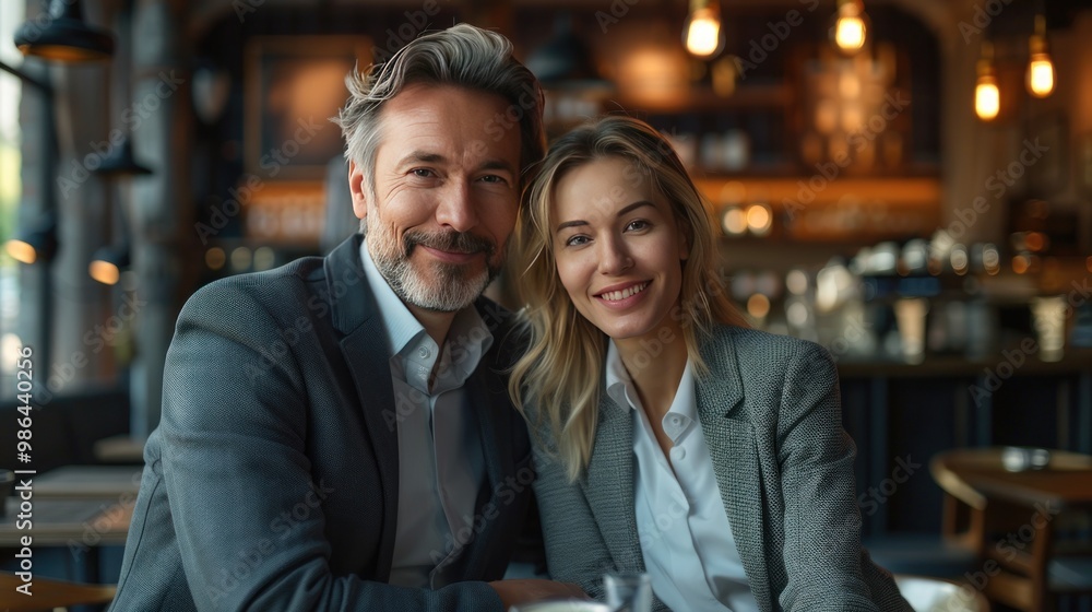 Two executives laughing and enjoying a conversation in a stylish caf?, wearing semi-formal clothing. Two executives laughing and enjoying a conversation in a stylish caf?, wearing semi-formal clothing.