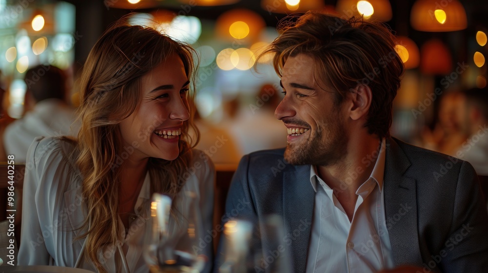 Two business professionals sharing a lighthearted moment in a modern restaurant, wearing professional attire. Two business professionals sharing a lighthearted moment in a modern restaurant, wearing professional attire.