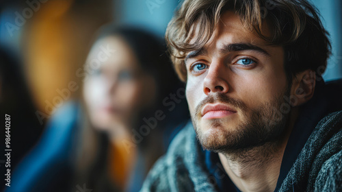 Sad Depressed Man at Support Group Meeting for Mental Health and Addiction Issues in Community Space Looking Thoughtful and Anxious