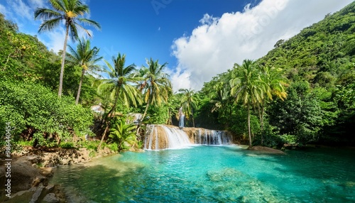 A lush tropical valley with a cascading waterfall flowing into a crystal clear lagoon. Palm trees sway gently in the breeze under a bright blue sky.