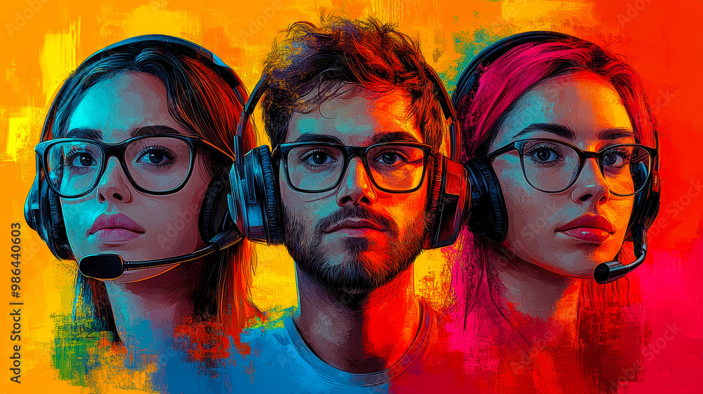 Obraz premium Dynamic Call Center Team Portrait with Vibrant Colors and Headsets, Customer Service Representatives Focused on Communication, Abstract Artistic Background