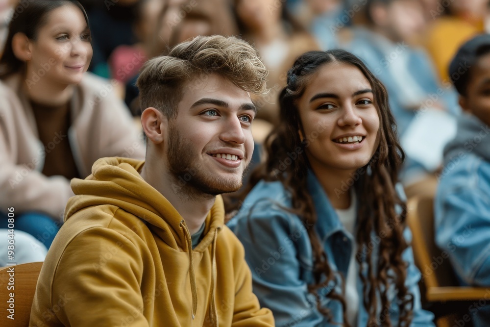 A group of people are sitting in a classroom, smiling and laughing generative ai A group of people are sitting in a classroom, smiling and laughing generative ai