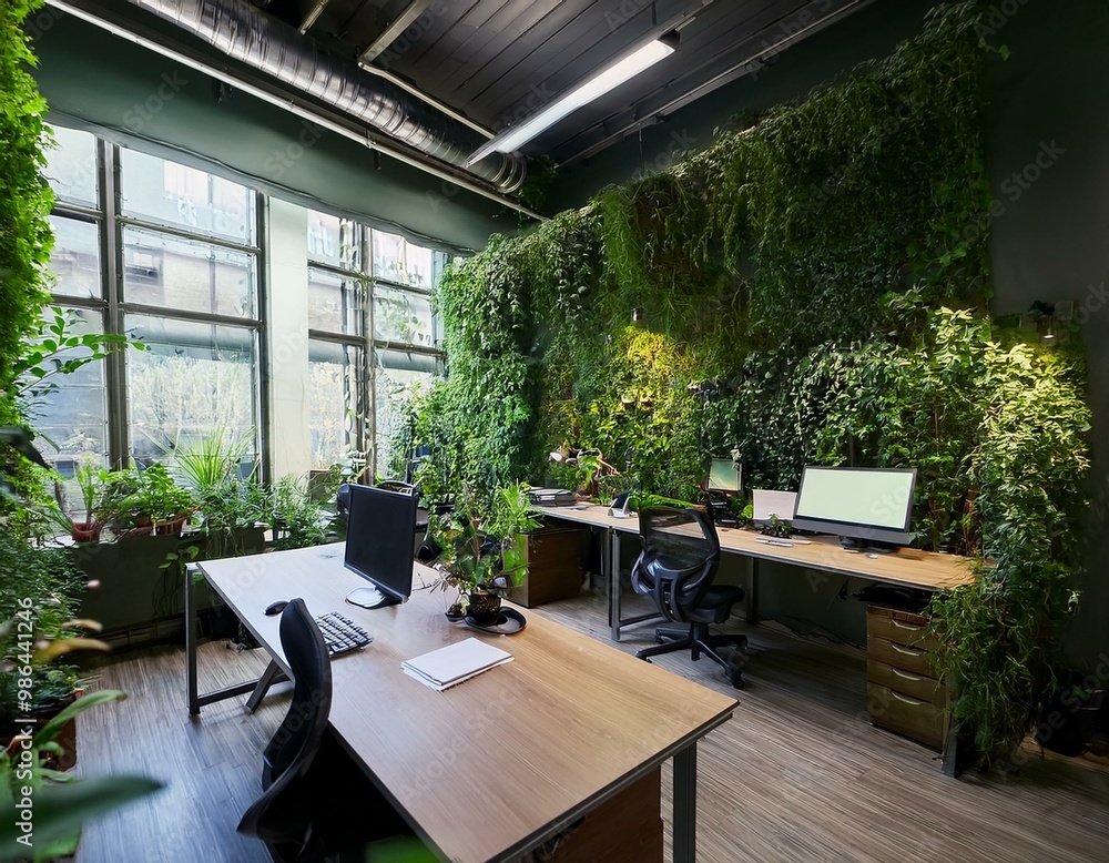 Fototapeta premium A lush, overgrown office space with vines and plants covering the walls and desks.