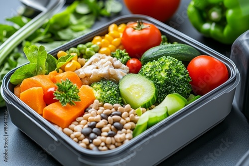 A close-up of a healthy lunchbox, filled with fresh vegetables, lean proteins, and whole grains