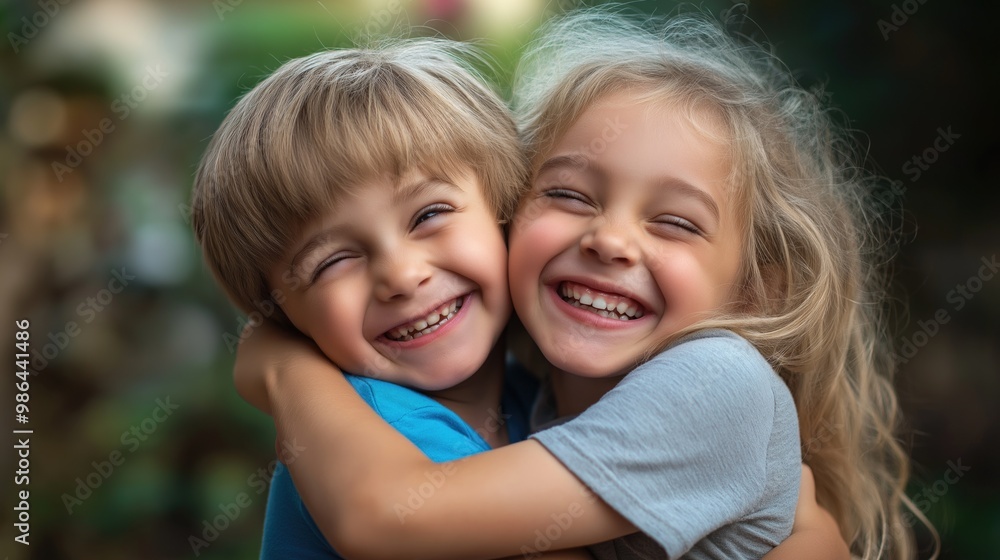 Two pretty laughing caucasian kids kids embracing each other playfully outdoors Two pretty laughing caucasian kids kids embracing each other playfully outdoors