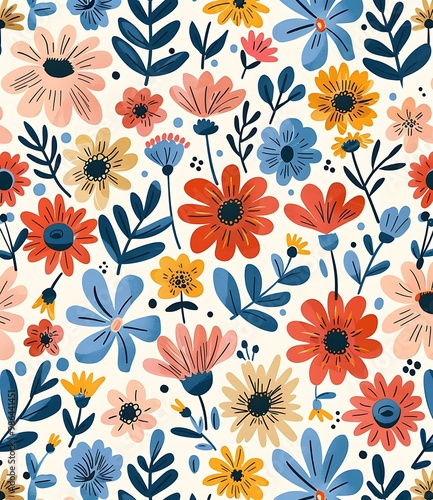 Floral Pattern with Bright Colors and Abstract Shapes