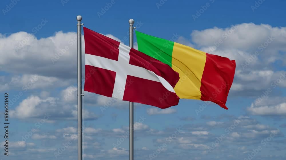 Mali and Denmark flags waving together, looped video, two country relations concept Mali and Denmark flags waving together, looped video, two country relations concept
