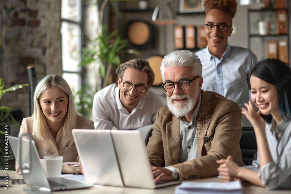 A group of people are sitting around a table looking at a laptop, generative ai A group of people are sitting around a table looking at a laptop, generative ai