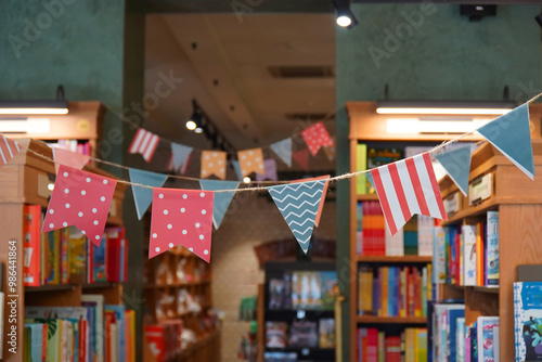 Garland of flags in a bookstore photo