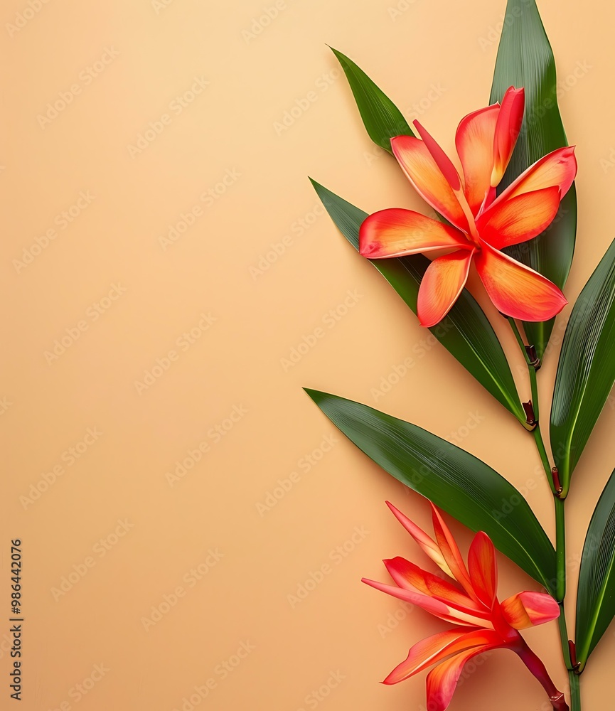 Orange Tropical Flowers and Leaves on Peach Background Orange Tropical Flowers and Leaves on Peach Background