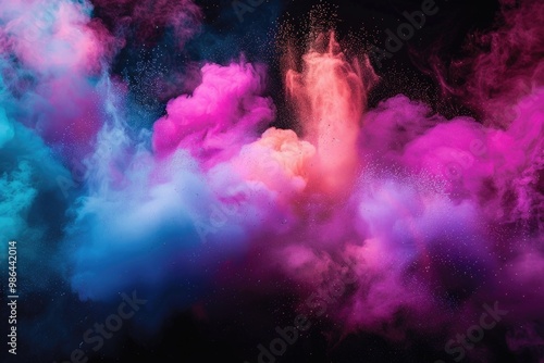 Freeze motion of colored dust explosion isolated on black background