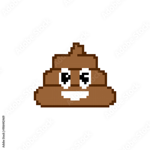 Pixel art smiling poop emoji. Cute and playful poop icon in retro pixelated style