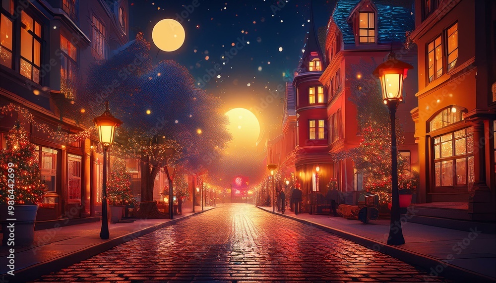 Fototapeta premium A magical city street at night, illuminated by twinkling lights and a bright, glowing sun. The air is filled with festive energy.