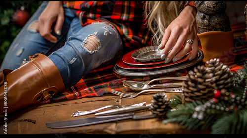 Beautiful young woman in a checkered shirt and ripped jeans sits on a wooden table with Christmas decorations. photo