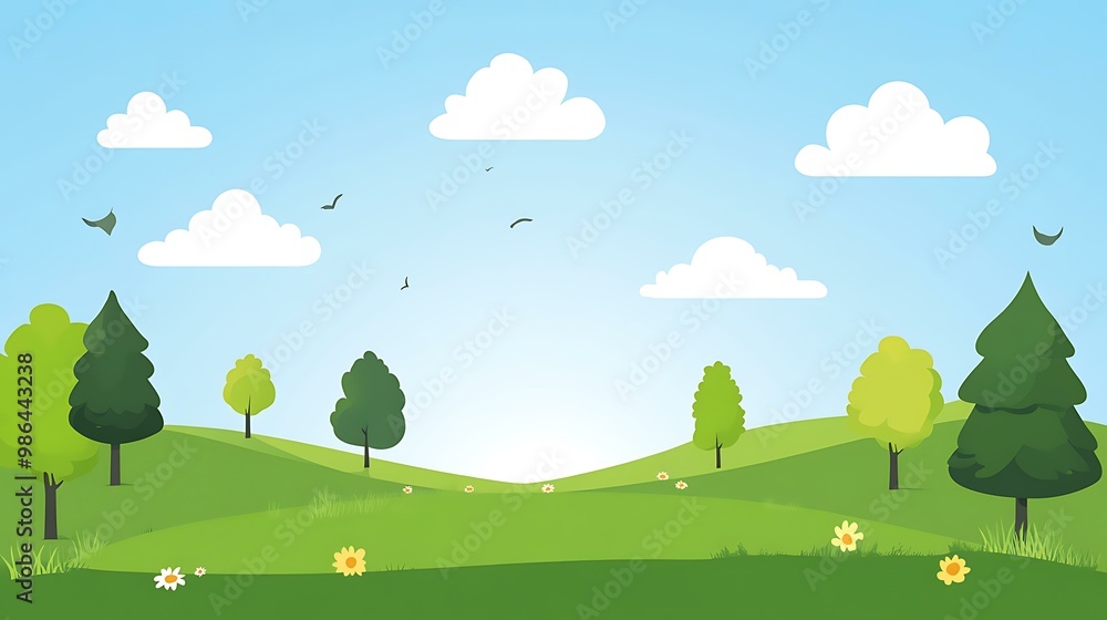 Fototapeta premium Green Meadow Illustration with Trees and Clouds