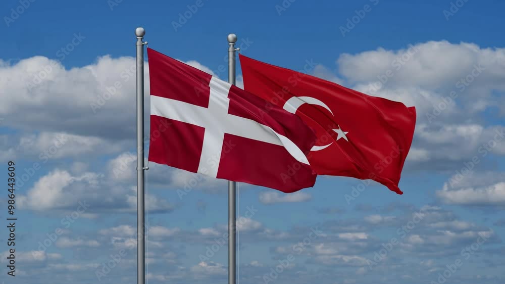 Republic of Turkey and Denmark flags flying together, video concept of the relationship, two country cooperation concept Republic of Turkey and Denmark flags flying together, video concept of the relationship, two country cooperation concept