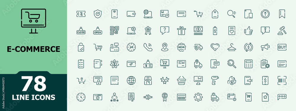 E-commerce icons set. Online shopping and Business line icon collection. Mimimalist marketing icon set. Editable stroke. E-commerce icons set. Online shopping and Business line icon collection. Mimimalist marketing icon set. Editable stroke.