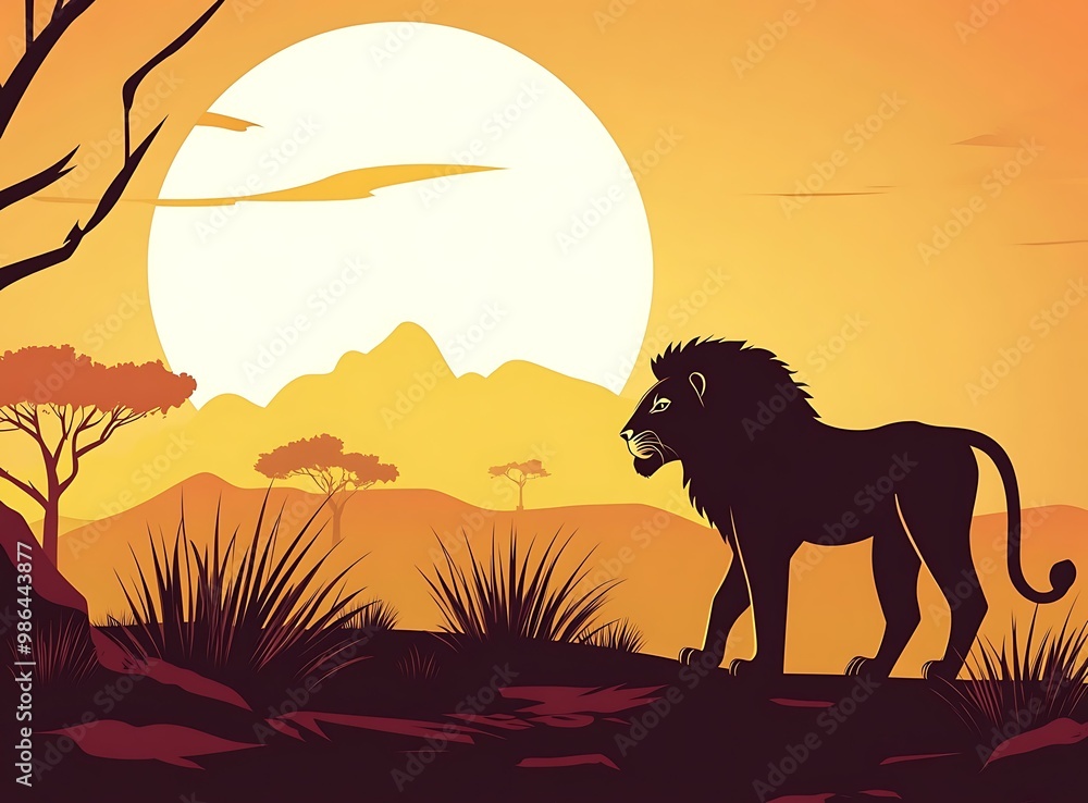 African Savanna Sunset With Lion Silhouette African Savanna Sunset With Lion Silhouette