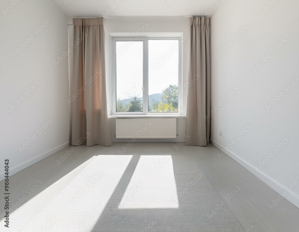 Fototapeta premium A minimalist white room with a single window, sunlight streams in, creating a bright and airy atmosphere.