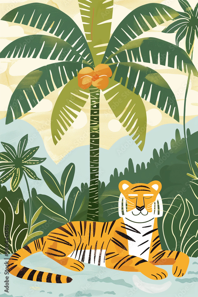 Naklejka premium Relaxed tiger resting under a palm tree in jungle