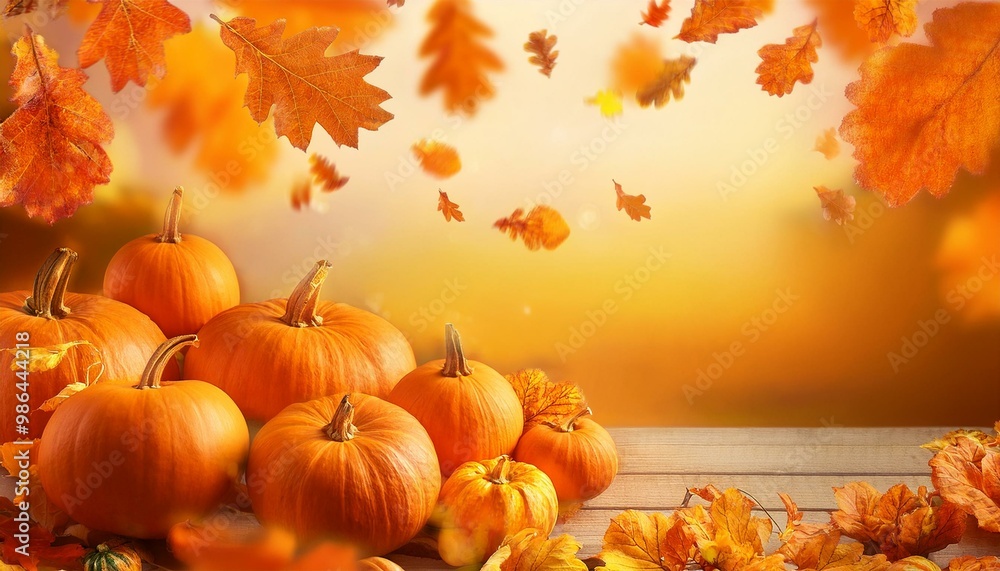 Fall and Thanksgiving background with pumpkins fruits and falling leaves with orange color Fall and Thanksgiving background with pumpkins fruits and falling leaves with orange color