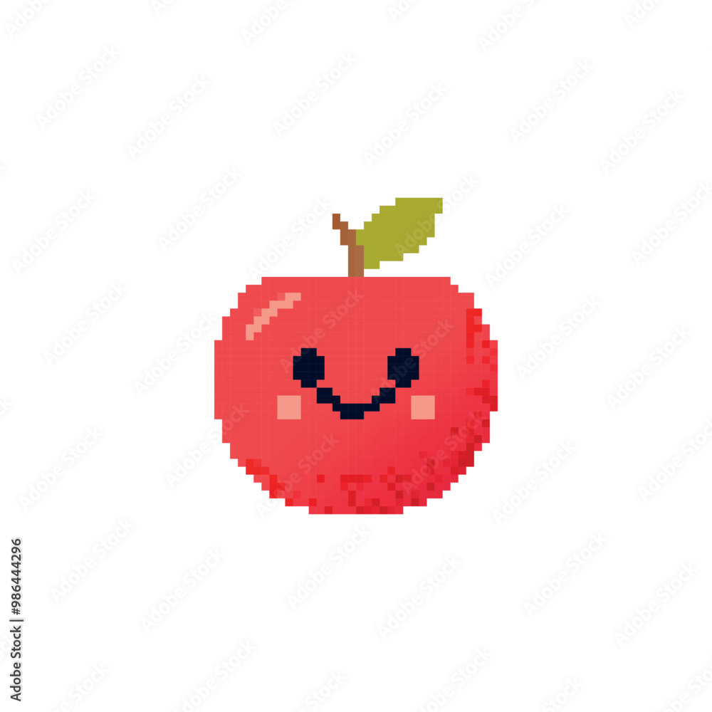Smiling pixel art apple with leaf and cute face. Bright red apple illustration with cheerful expression and pixelated details Smiling pixel art apple with leaf and cute face. Bright red apple illustration with cheerful expression and pixelated details