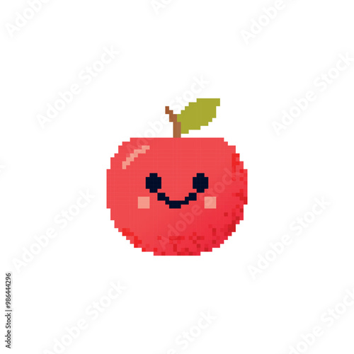 Smiling pixel art apple with leaf and cute face. Bright red apple illustration with cheerful expression and pixelated details