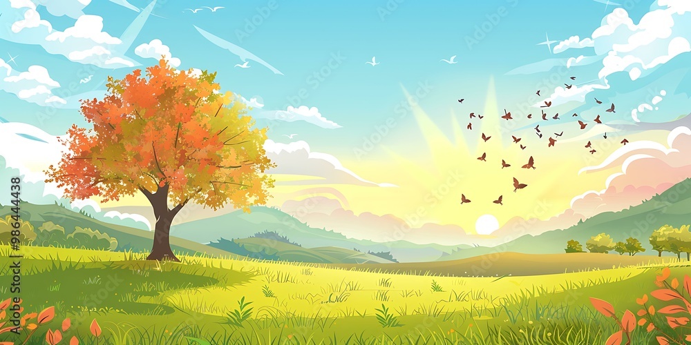 Autumn Landscape with Tree and Birds Flying Autumn Landscape with Tree and Birds Flying