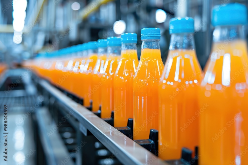Bottles of orange juice on a conveyor belt, generative ai image Bottles of orange juice on a conveyor belt, generative ai image