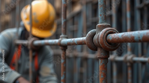 Close-up of steel rebar connection on construction site with worker