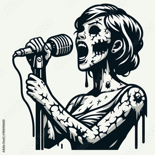 zombie Skull with microphone and grease hair in rockabilly style. Dead rock and roll singer. Vector illustration.