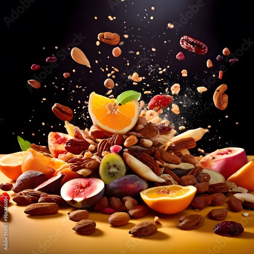 Dynamic mix of flying nuts and dried fruits, captured in mid-air for a vibrant food display photo