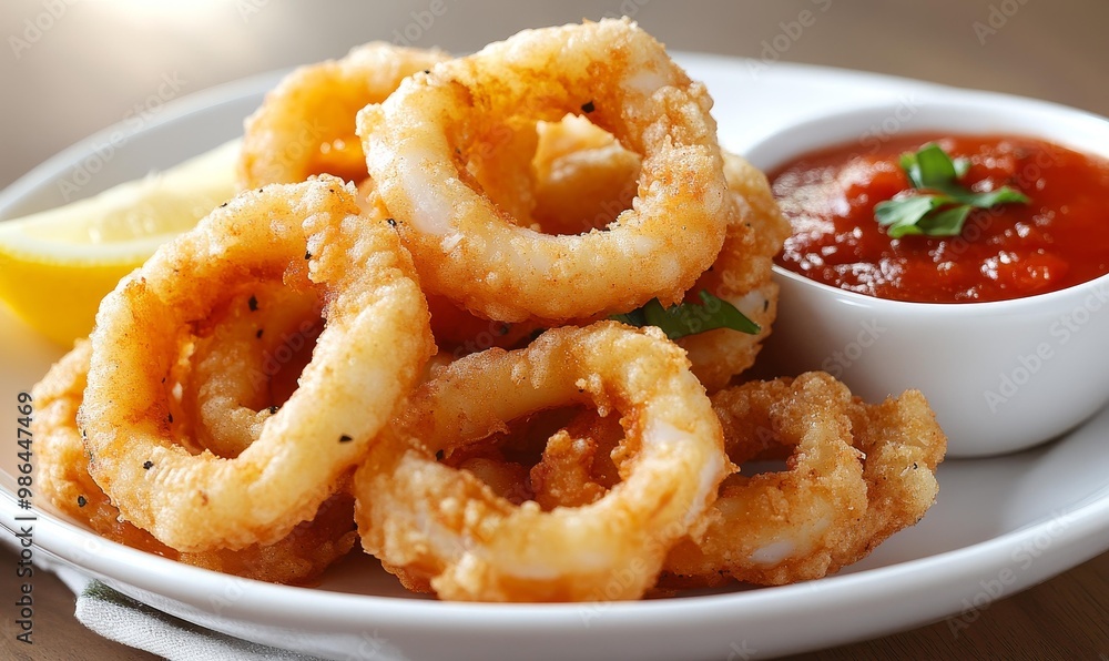Fried calamari rings with marinara sauce. Fried calamari rings with marinara sauce.