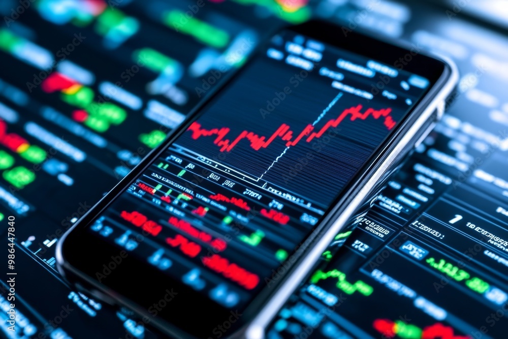 A close-up of stock market data on a mobile phone, highlighting investment decisions and stock market volatility A close-up of stock market data on a mobile phone, highlighting investment decisions and stock market volatility