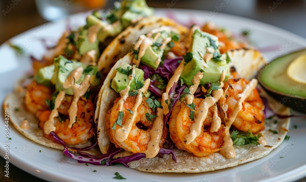 Shrimp tacos with avocado, cabbage and sauce. Shrimp tacos with avocado, cabbage and sauce.