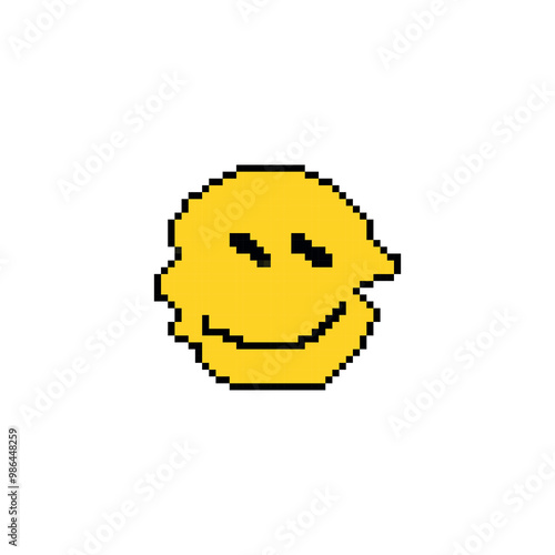 Pixel art melting smiley face. Dripping yellow smiley in retro pixelated style.