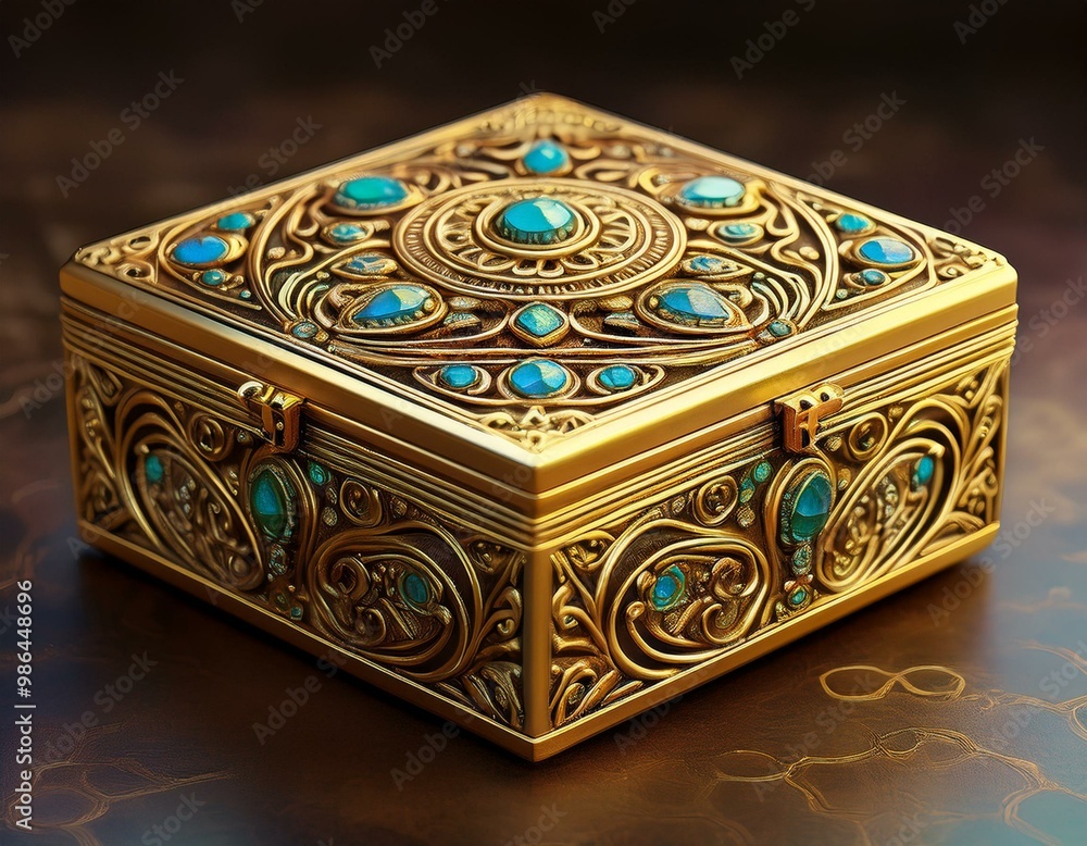 A ornate golden box with intricate designs and gemstones. The box is closed and sits on a textured surface. A ornate golden box with intricate designs and gemstones. The box is closed and sits on a textured surface.