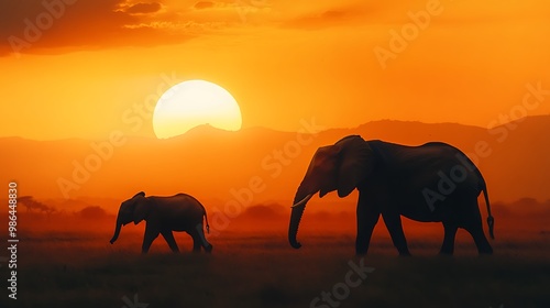 Two elephants silhouetted against a vibrant orange sunset, one adult and one calf walking across a savanna with a distant mountain range. photo