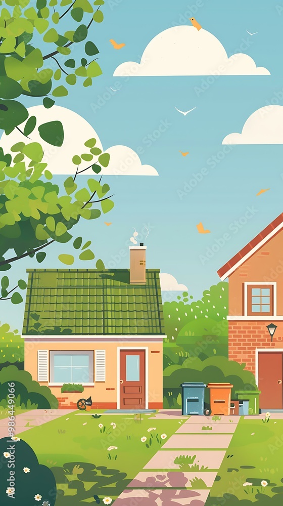 Green House With Green Roof In Front Of A Sunny Sky