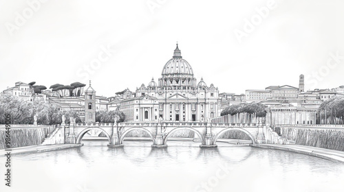 Vatican City, Vatican, black and white pen pencil hand-drawn effect drawing illustration for travel poster, card, wallpaper, backdrop or banner. Modern, clear, artistic and simple