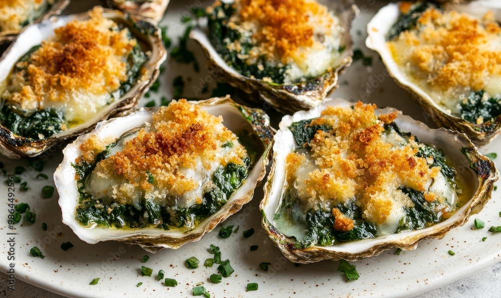 Baked oysters with spinach and bread crumbs. Baked oysters with spinach and bread crumbs.