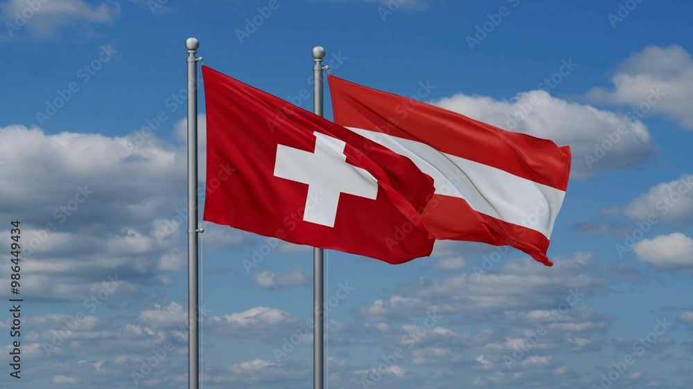 Austria and Switzerland flags flying together, video concept of the relationship, two country relations concept Austria and Switzerland flags flying together, video concept of the relationship, two country relations concept