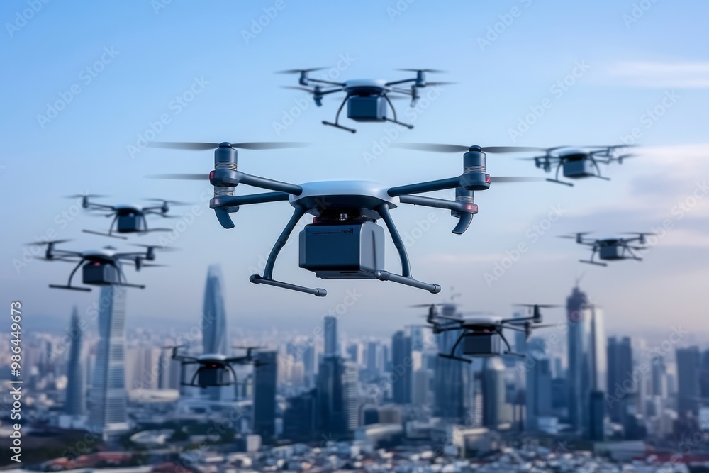 A fleet of delivery drones flying over a city, representing the future of fast and efficient transportation of goods A fleet of delivery drones flying over a city, representing the future of fast and efficient transportation of goods