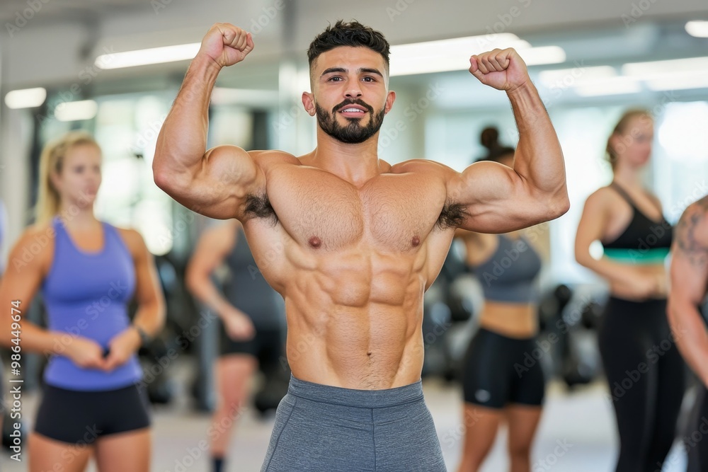 A fitness instructor demonstrating proper form, guiding a group through a strength training workout A fitness instructor demonstrating proper form, guiding a group through a strength training workout