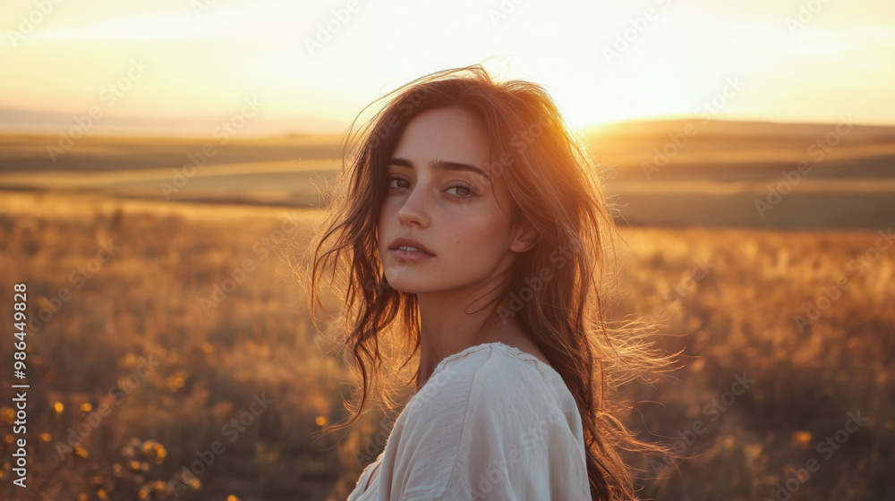 A young woman stands in a golden field at sunset, capturing a moment of serene beauty and tranquility during the late afternoon glow A young woman stands in a golden field at sunset, capturing a moment of serene beauty and tranquility during the late afternoon glow
