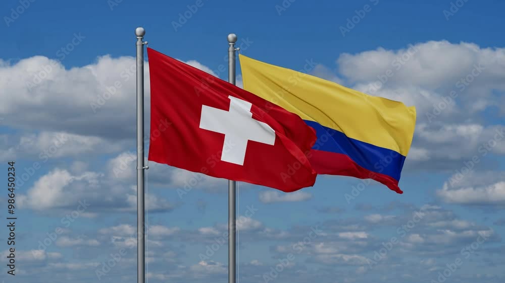 Colombia and Switzerland flags flying together, video concept of the relationship, two country cooperation concept Colombia and Switzerland flags flying together, video concept of the relationship, two country cooperation concept